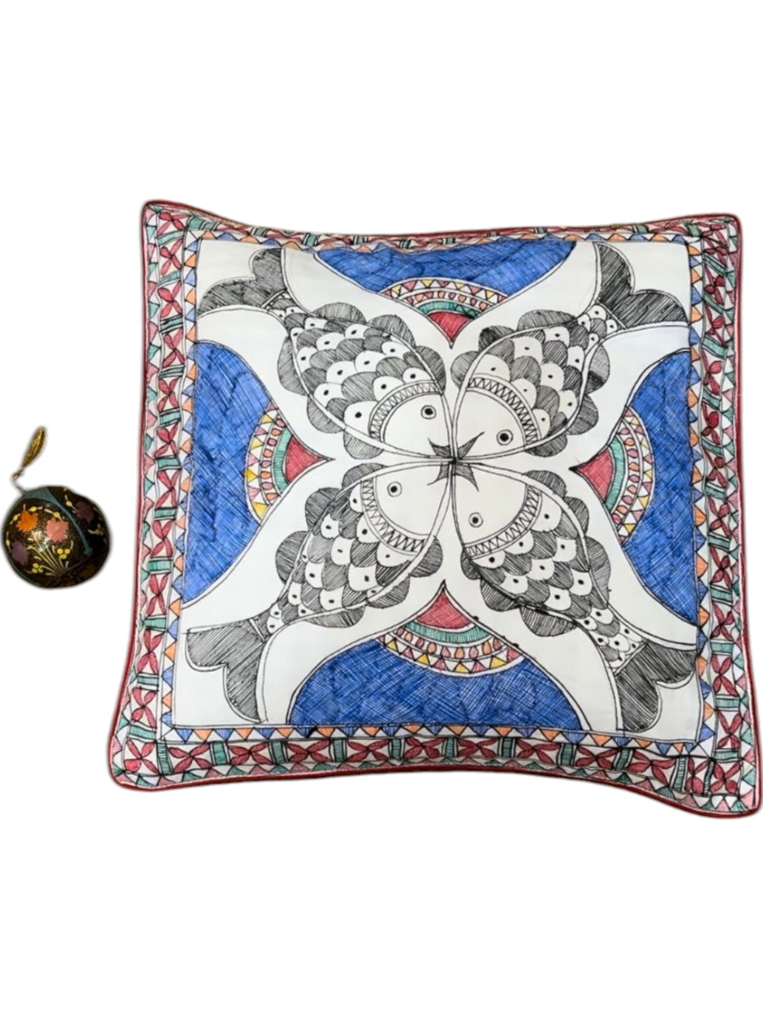 HAND-PAINTED MADHUBANI CUSHION COVER WITH FOUR FISH PATTERN